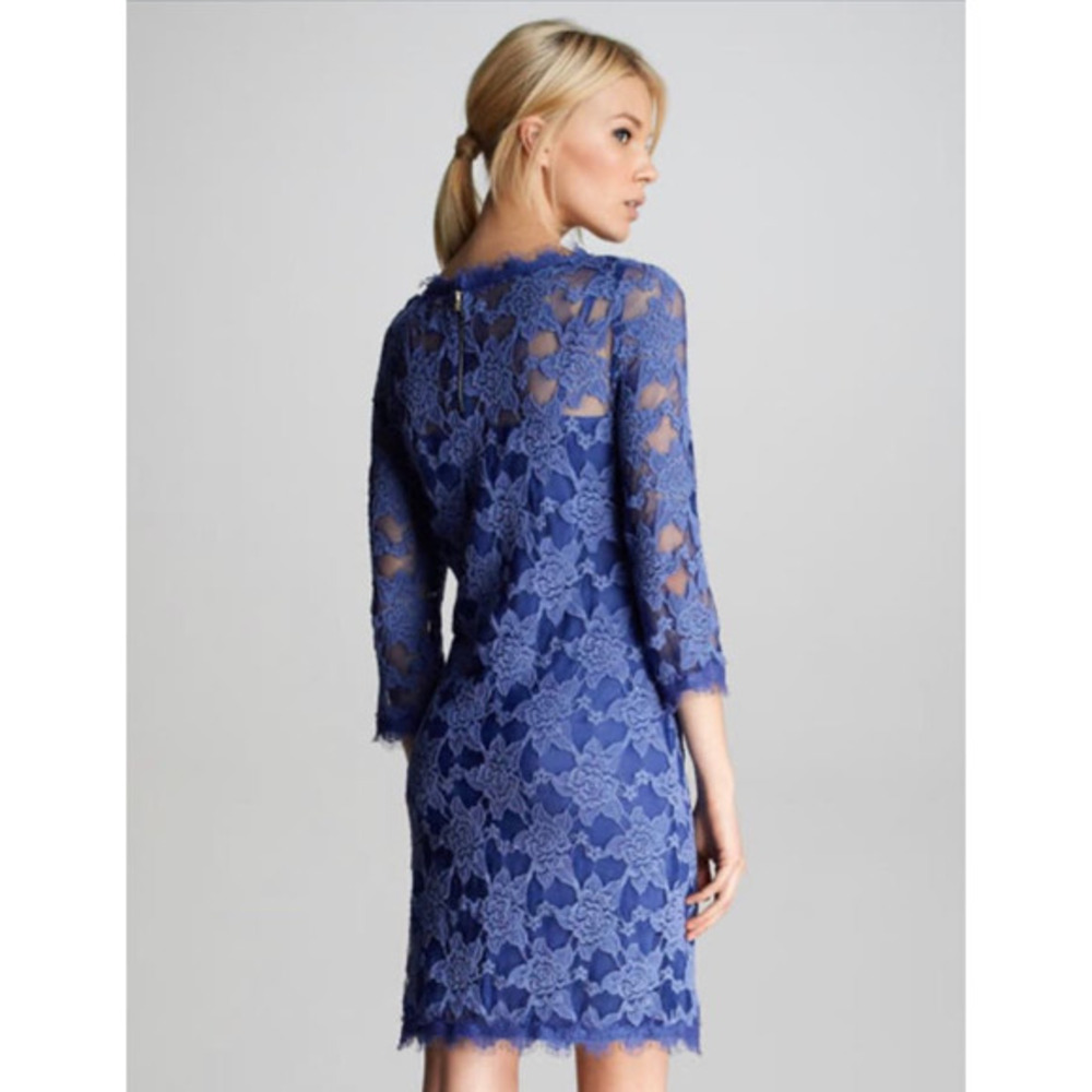 Rebecca Taylor Lace scalloped shift dress 3/4 sleeve blue / purple fringe size 4